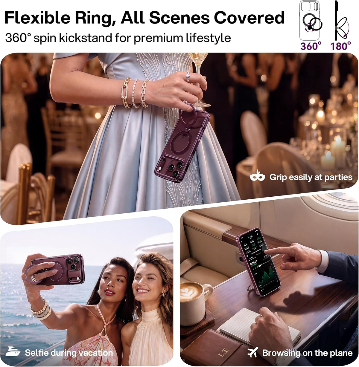 CASEKOO Glitter Clear for iPhone 18 Pro / 17 Pro Case, 360 Spin Stand