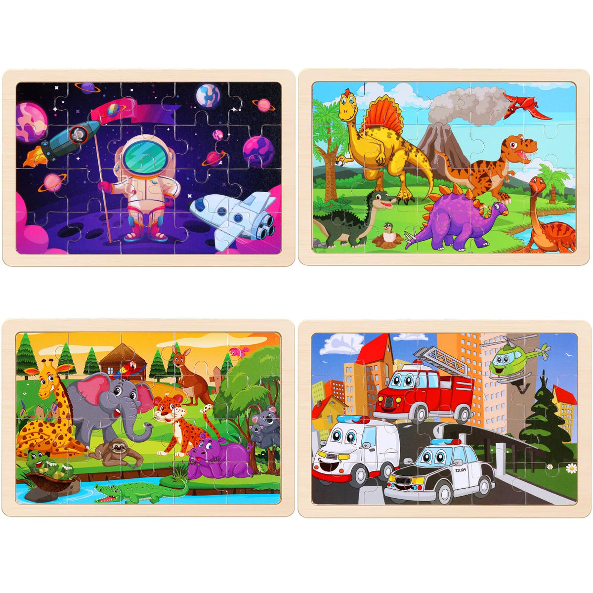 Wooden Educational Jigsaw Puzzles for Preschool Kids Ages 3-5, 4-Pack with 20 Pieces Dinosaur, Space, Transportation Wood Puzzles Set, Kids Brain Teaser Toys, Gifts for Boys Girls Ages 3 4 5 6