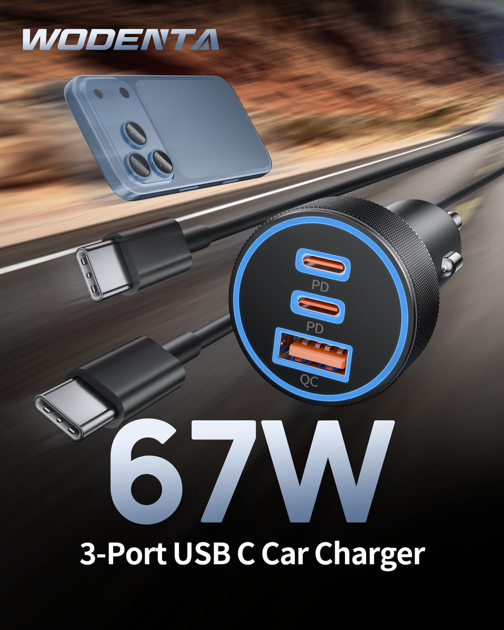 for iPhone 18/17/16/15 Pro Max/Duo Car Charger, 67W Fast USB C Car Charger