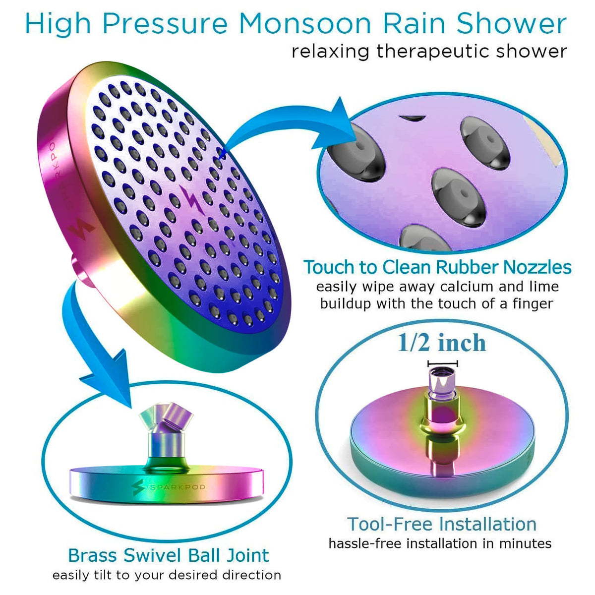 SparkPod Rain Shower Head, 6 Inch Round, Luxury Polished Chrome Finish