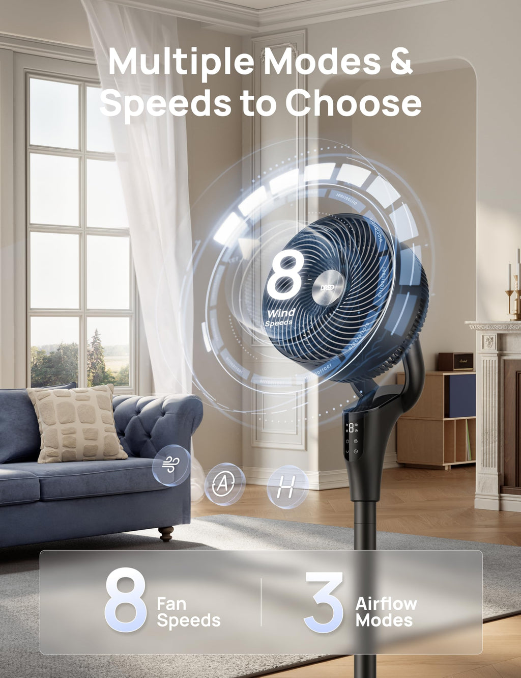 DREO Pedestal Fan for Bedroom, 100ft Airflow, Quiet DC Motor Standing Fan