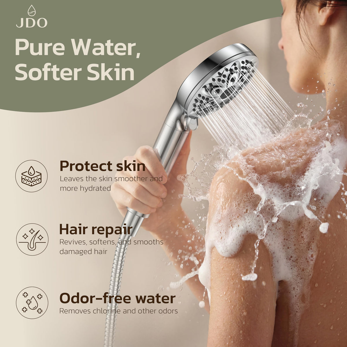 JDO High‑Pressure 6‑Setting Handheld Shower Head, 4.7 Inch Chrome Premium