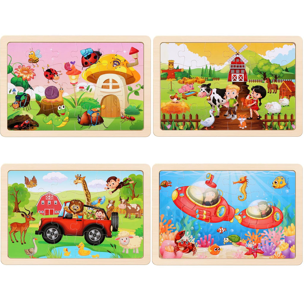 Wooden Educational Jigsaw Puzzles for Preschool Kids Ages 3-5, 4-Pack with 20 Pieces Dinosaur, Space, Transportation Wood Puzzles Set, Kids Brain Teaser Toys, Gifts for Boys Girls Ages 3 4 5 6