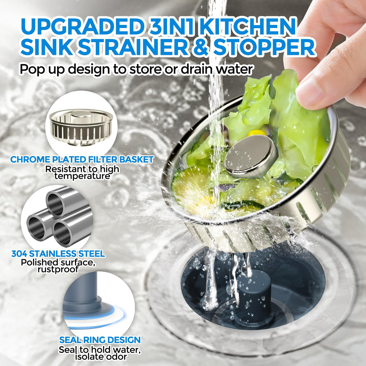 zaa 3 in 1 Kitchen Sink Drain Strainer Stopper Removable Basket Pop-Up