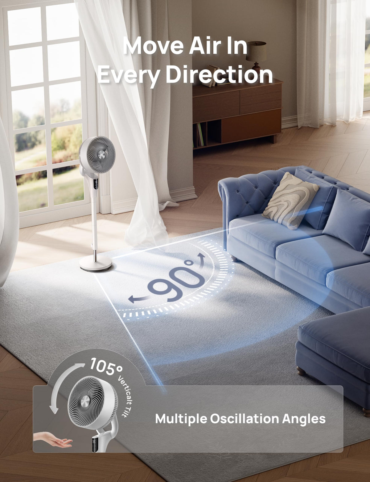 DREO Pedestal Fan for Bedroom, 100ft Airflow, Quiet DC Motor Standing Fan