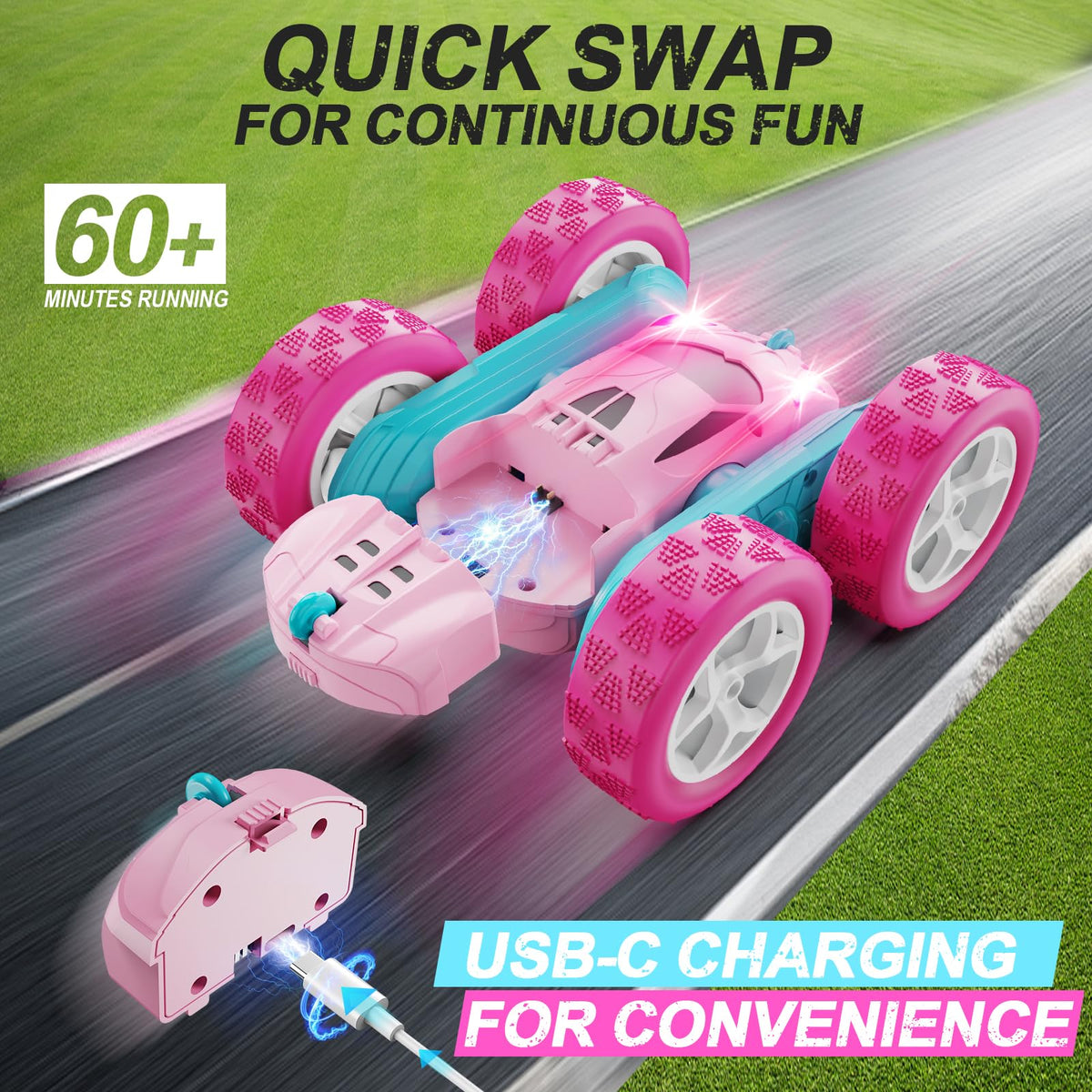 QUNREDA Remote Control Car, RC Cars Toys for Kids Ages 6-12, 4WD Stunt Car with LED Lights & 360° Flips, 2.4GHz, Upgraded USB-C Modular Batteries, 8-10 Year Old Boys Birthday Gift 1-Blue
