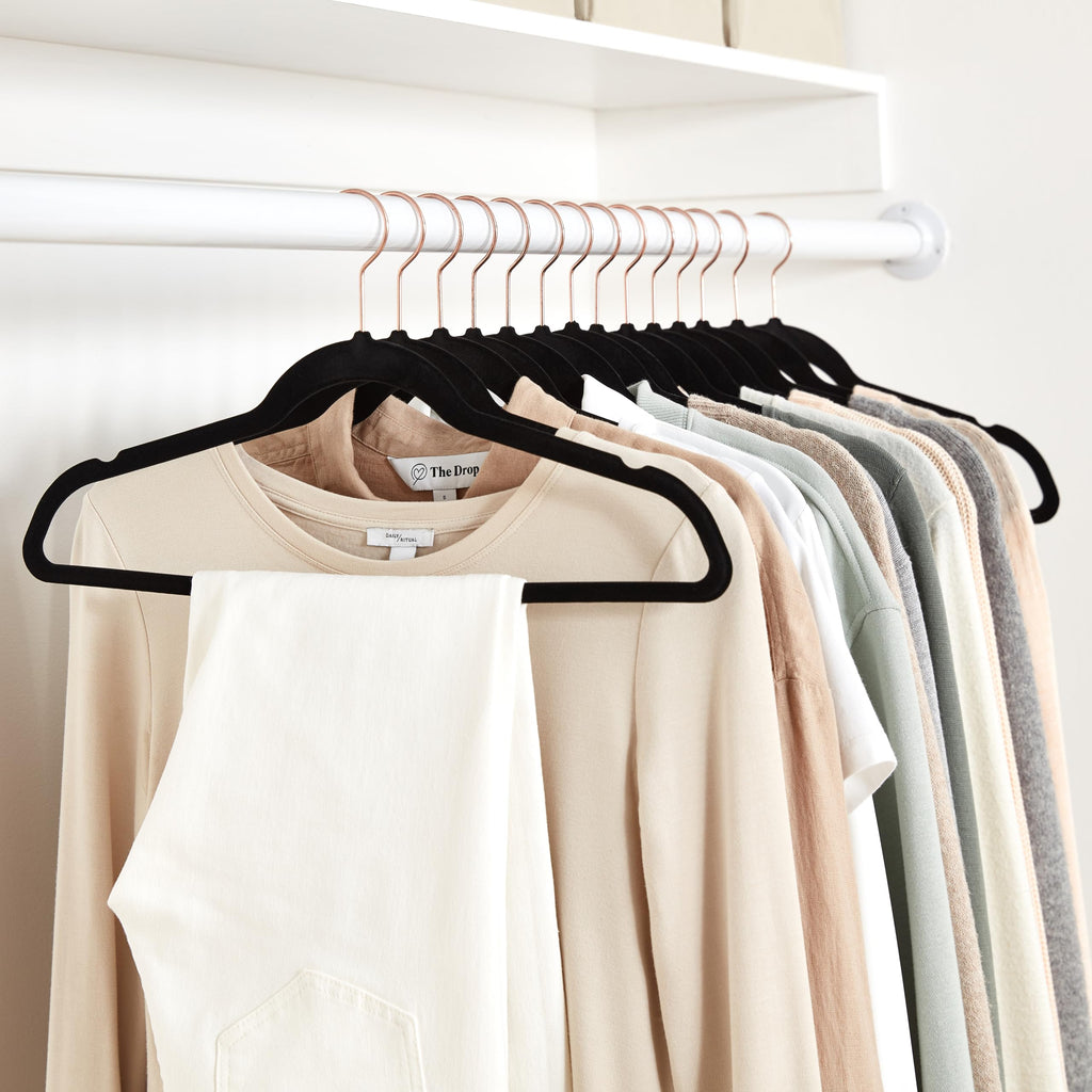 Amazon Basics Slim Velvet Non-Slip Space Saving Suit Clothes Hangers, Sturdy Construction, Navy Blue/Rose Gold, 50-Pack