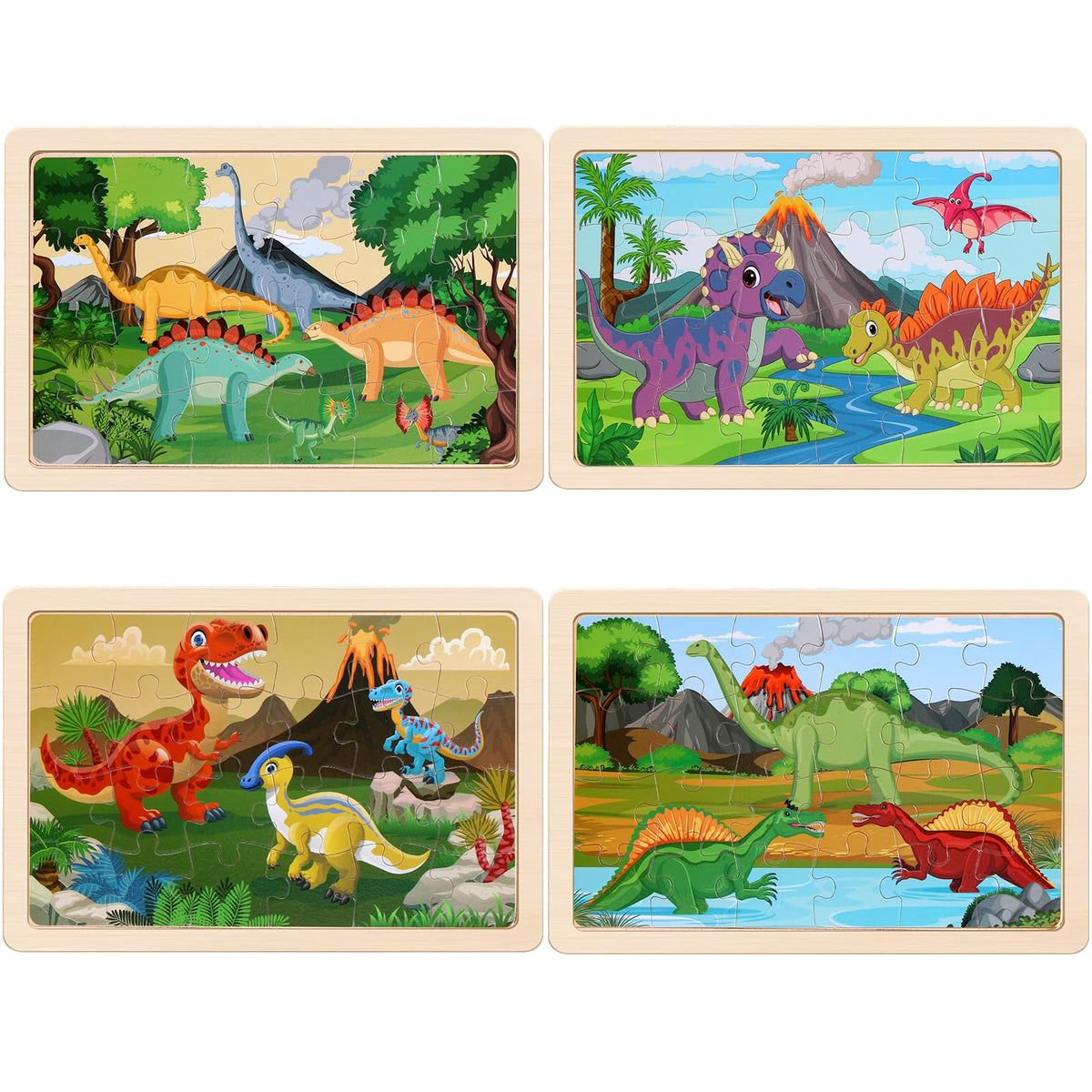 Wooden Educational Jigsaw Puzzles for Preschool Kids Ages 3-5, 4-Pack with 20 Pieces Dinosaur, Space, Transportation Wood Puzzles Set, Kids Brain Teaser Toys, Gifts for Boys Girls Ages 3 4 5 6
