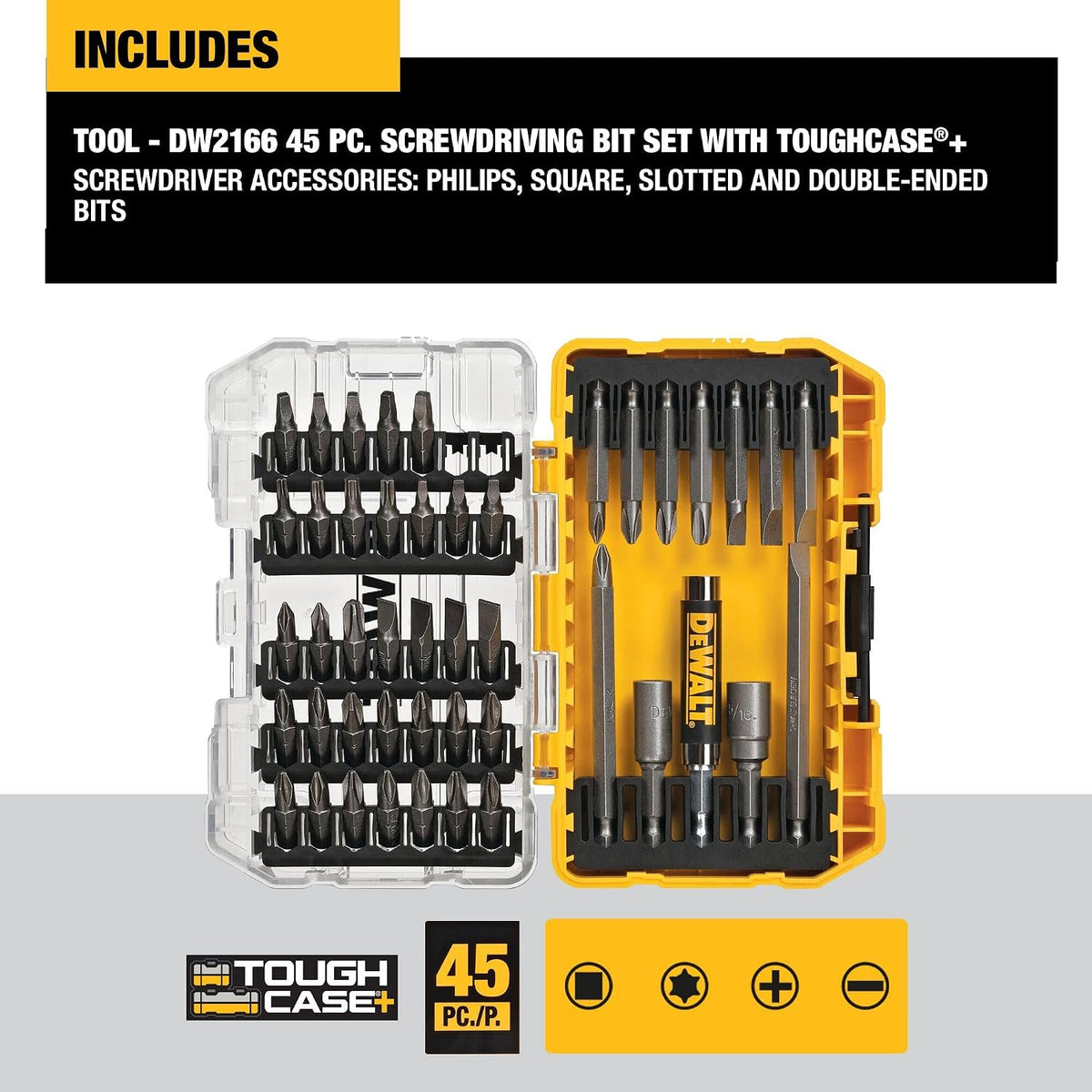 DEWALT Screwdriver Bit Set with Tough Case, 45-Piece (DW2166), Grey/Silver Screwdriving Set with Tough Case