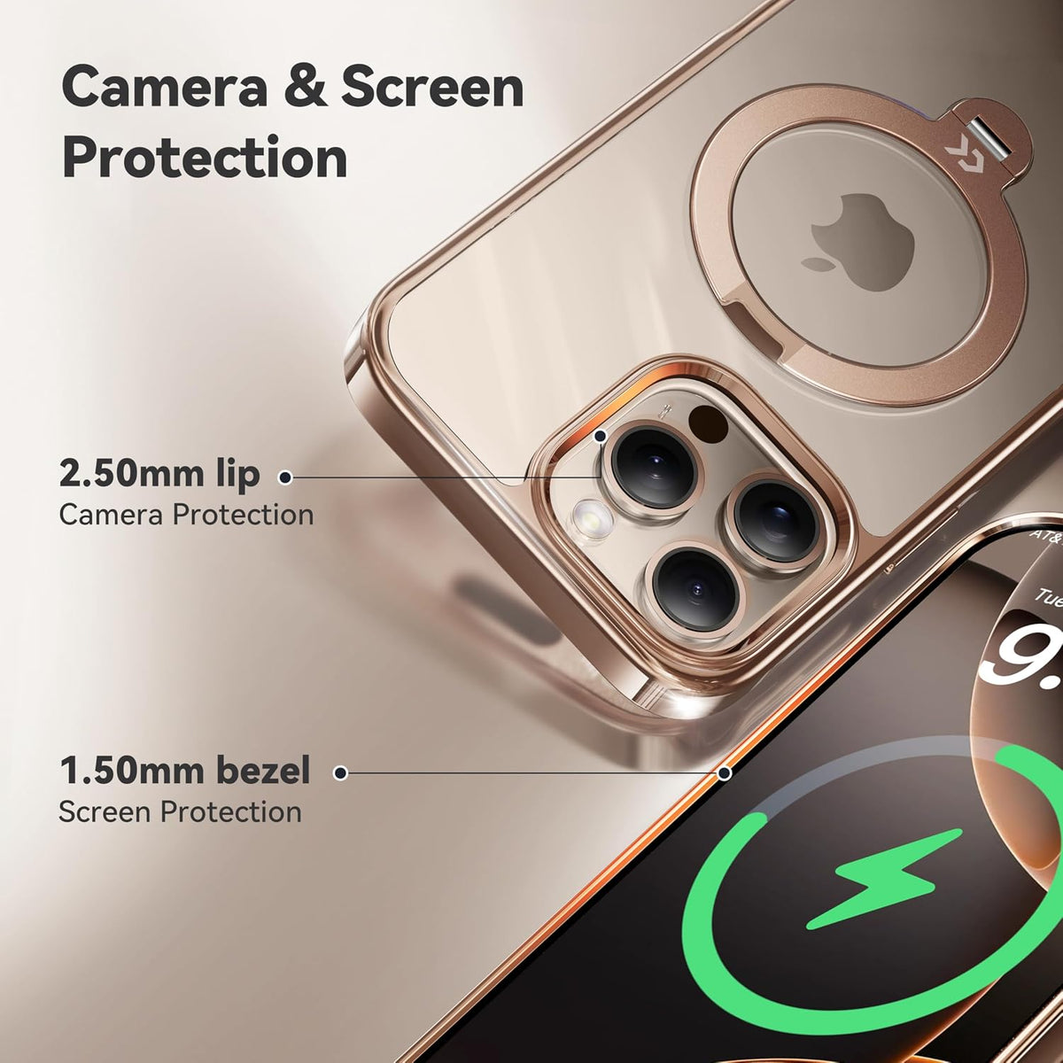 CASEKOO Glitter Clear for iPhone 18 Pro / 17 Pro Case, 360 Spin Stand