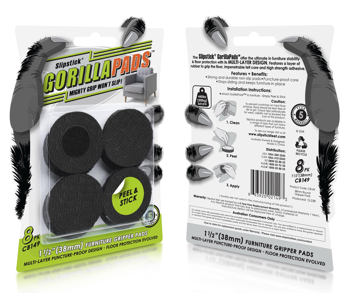 Slipstick GorillaPads CB147 Non Slip Furniture Pads/Gripper Feet (Set of 16) Self Adhesive Rubber Floor Protectors, 1 inch Round, Black
