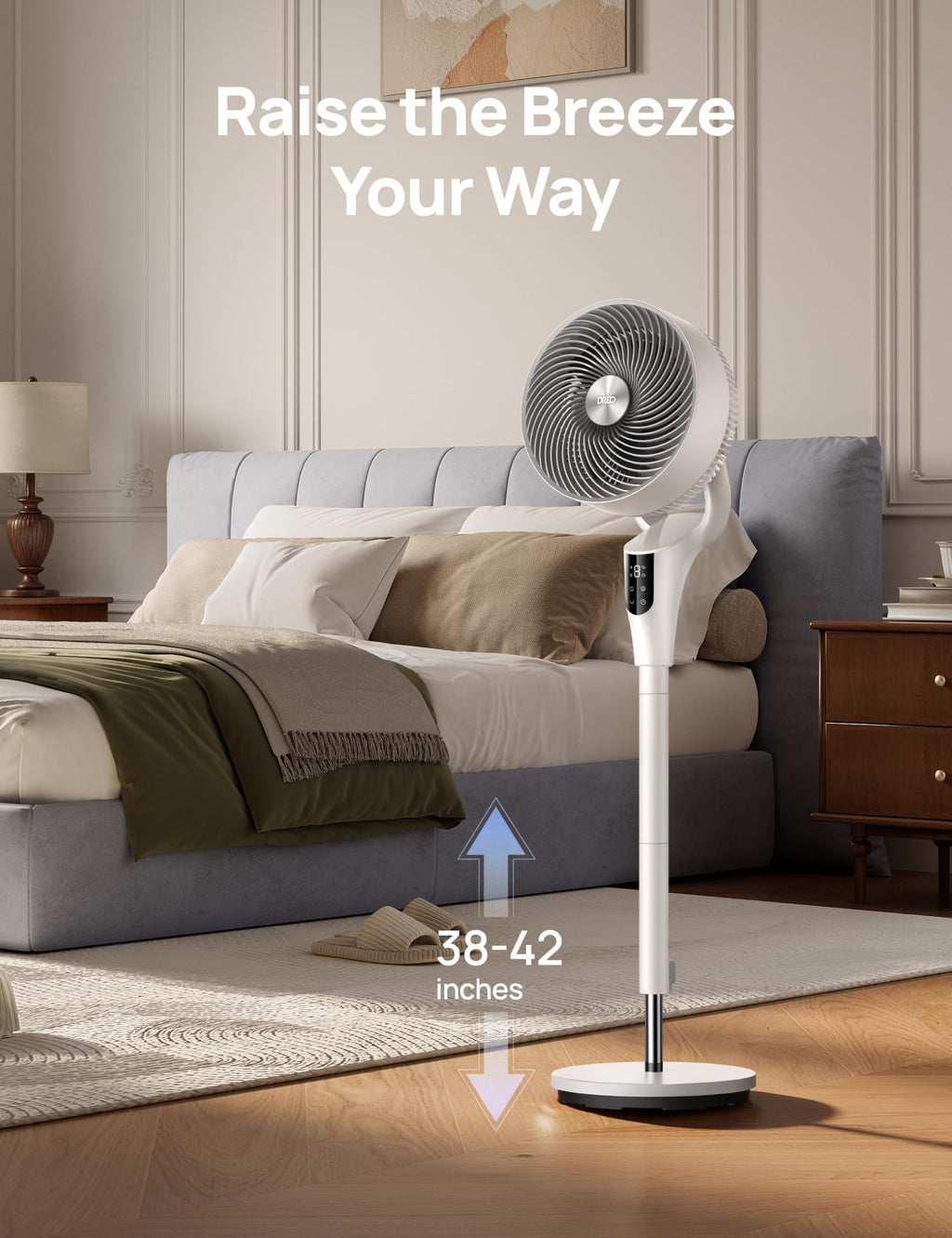DREO Pedestal Fan for Bedroom, 100ft Airflow, Quiet DC Motor Standing Fan
