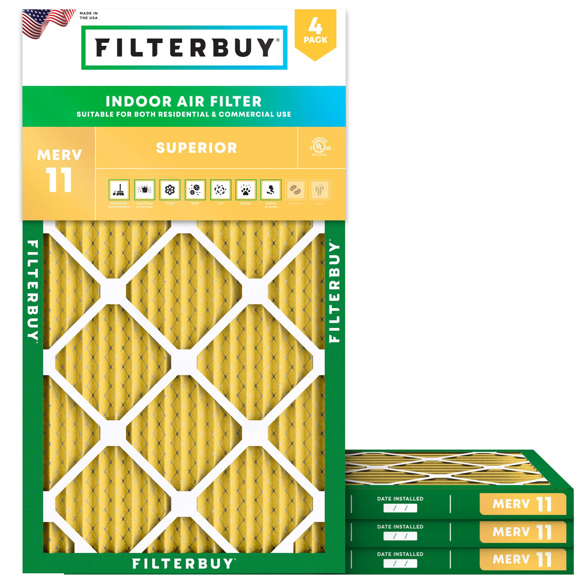 Filterbuy 20x20x1 Air Filter MERV 11 Pet & Allergy Defense (4-Pack)