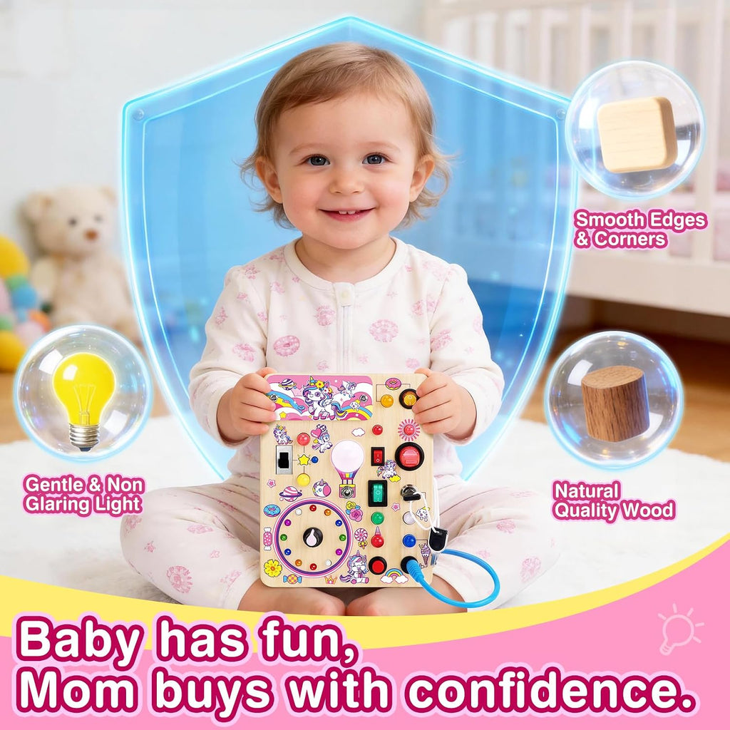 Grarain Busy Board for Toddlers - Montessori Educational Toy for 1-3 Year Old Boys & Girls | Travel-Friendly Sensory Learning Activity | Ideal for Kids with Autism(Unicorn Busy Board v2)