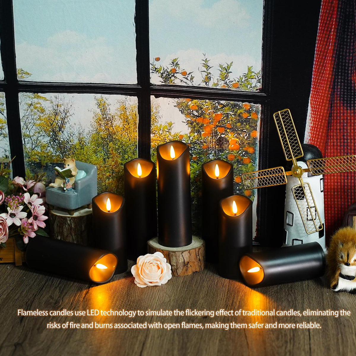Nimiko Flameless Candles with Remote, Battery Operated Flickering Flameless Candles, LED Candles with Timer 2/4/6/8H, Realistic Drop Wax flameless Candle Set of 9 (D3 x H 3" 4" 5" 6" 7") (Black)