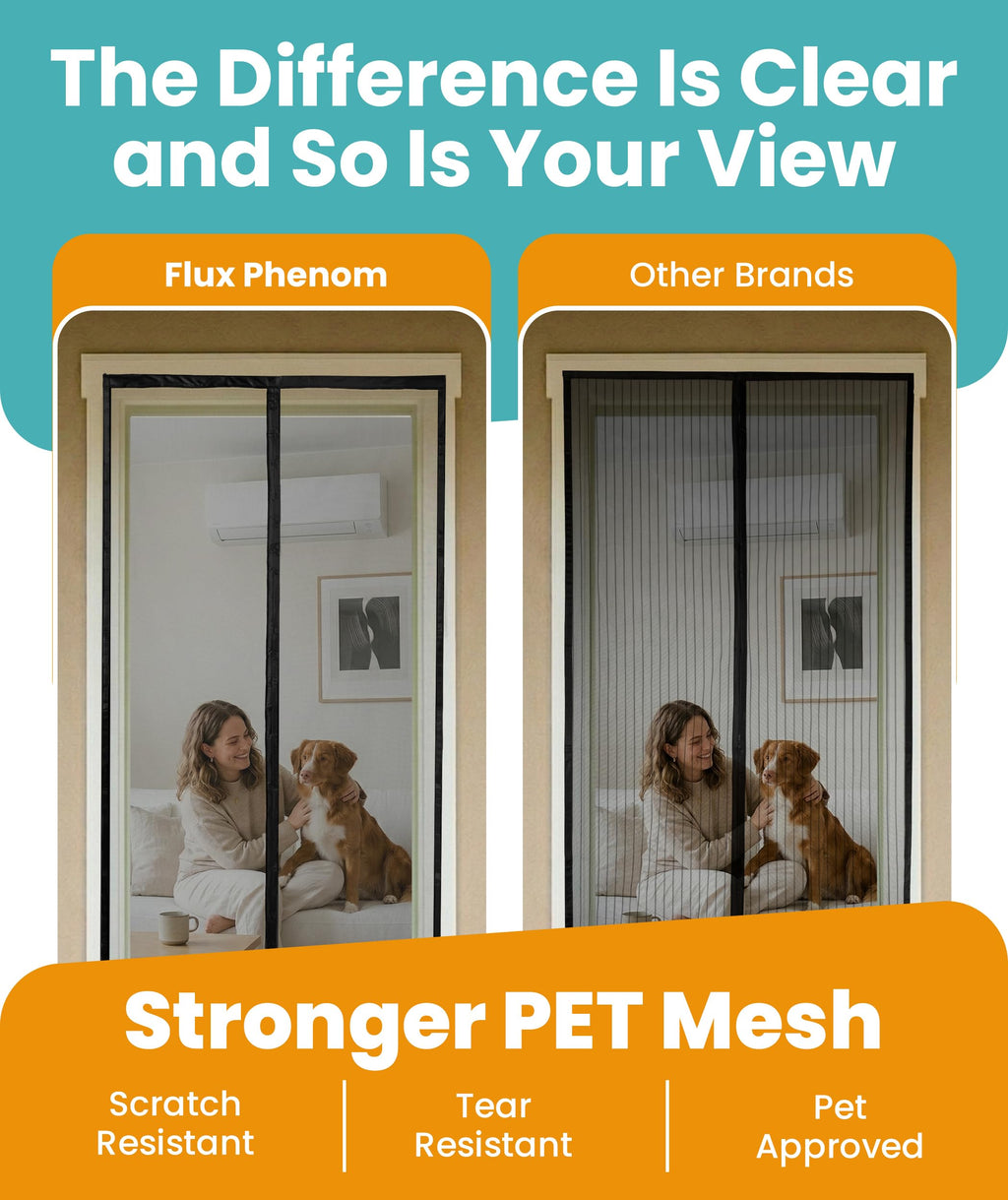 Flux Phenom Magnetic Screen Door (White) - Bugs Out, Breeze in - 9min Install Auto-Sealing Heavy Duty Double Stitched Mesh, 52 Magnets, Hands Free Patio Doors Net, Pet & Kid Friendly, 38 x 82 Inch