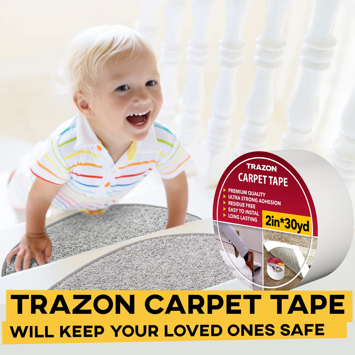 Carpet Tape Double Sided - Rug Tape Grippers for Hardwood Floors and Area Rugs - Carpet Binding Tape Strong Adhesive and Removable, Heavy Duty Stickers Grip Tape, Residue Free (2 Inch / 12 Yards)