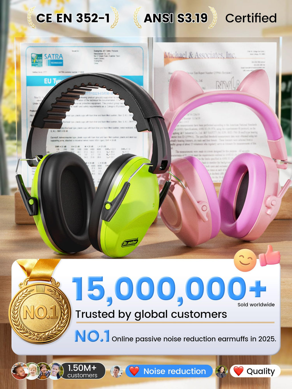 Dr.meter EM100 Noise Cancelling Headphones for Kids Adults, Ear Muffs