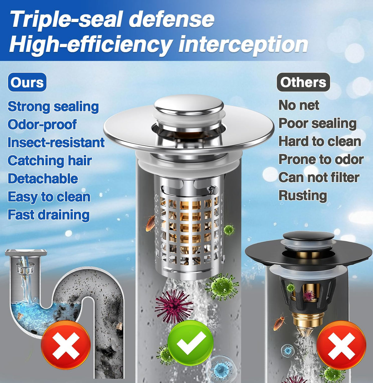 Bathroom Sink Drain Strainer,(2PCS) Pop-up Sink Drain Strainer with Removable Stainless Steel Strainer Basket Hair Catcher, Bathroom Sink Strainer for Bathroom Sink Stopper Replacement