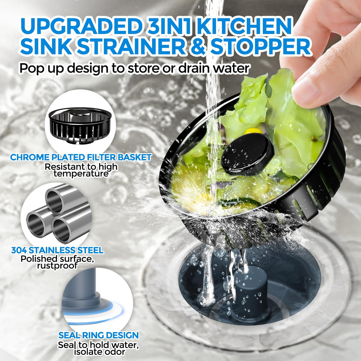 zaa 3 in 1 Kitchen Sink Drain Strainer Stopper Removable Basket Pop-Up