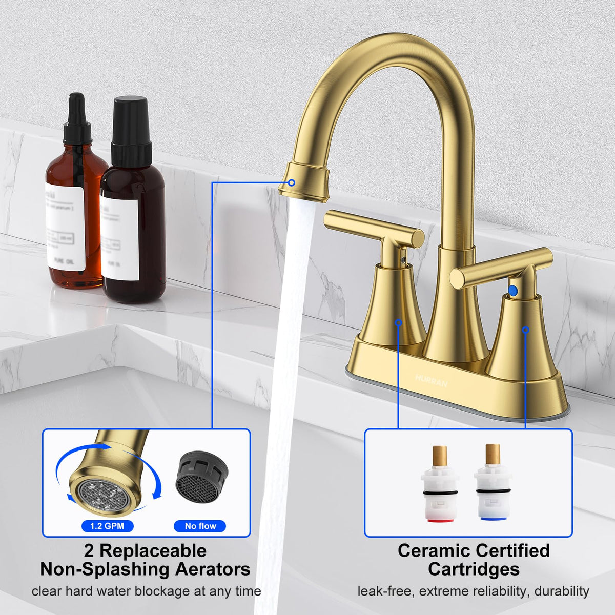 Matte Black Bathroom Faucet, Hurran 4 inch Centerset 2-Handle Lead-Free