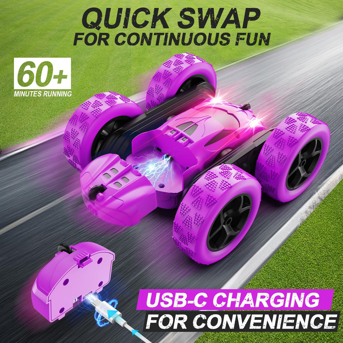 QUNREDA Remote Control Car, RC Cars Toys for Kids Ages 6-12, 4WD Stunt Car with LED Lights & 360° Flips, 2.4GHz, Upgraded USB-C Modular Batteries, 8-10 Year Old Boys Birthday Gift 1-Blue