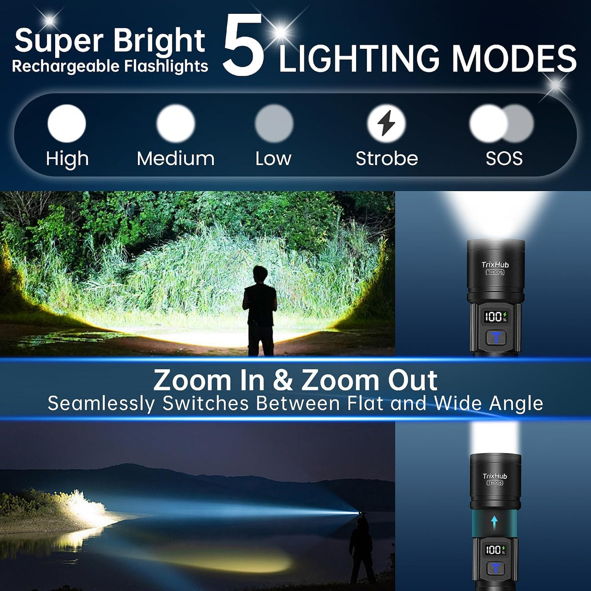 TrixHub Rechargeable Flashlights 3 Pack Super Bright High Lumens Flashlight