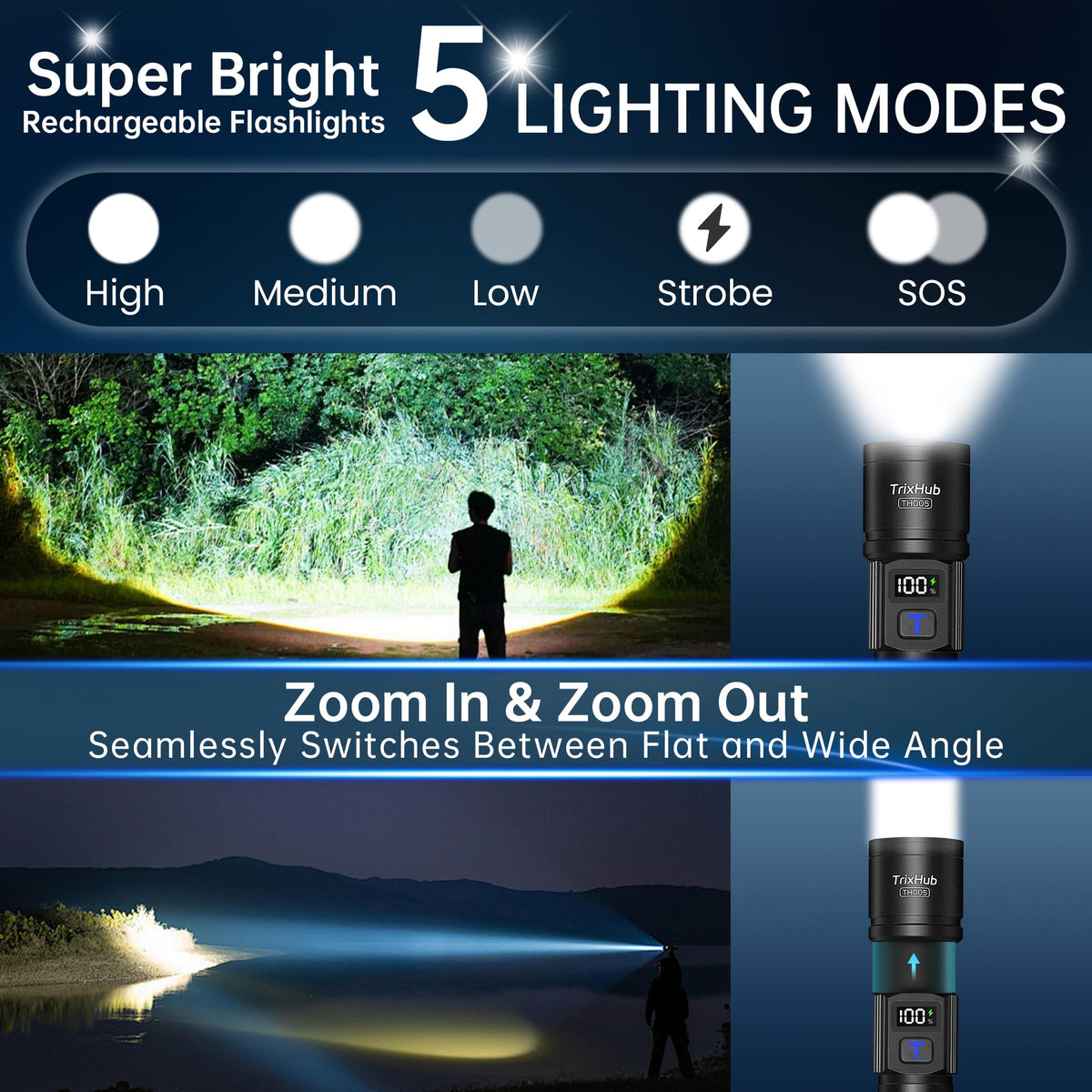 TrixHub Rechargeable Flashlights 3 Pack Super Bright High Lumens Flashlight