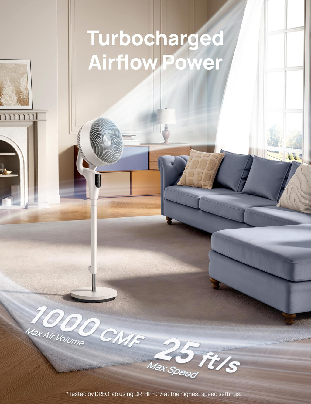 DREO Pedestal Fan for Bedroom, 100ft Airflow, Quiet DC Motor Standing Fan