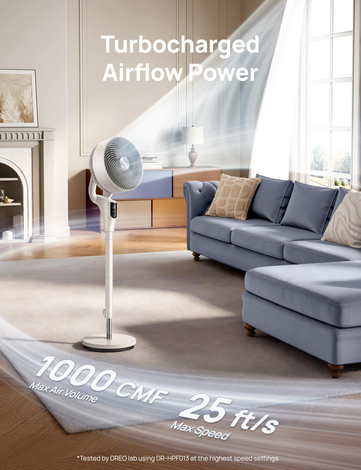 DREO Pedestal Fan for Bedroom, 100ft Airflow, Quiet DC Motor Standing Fan