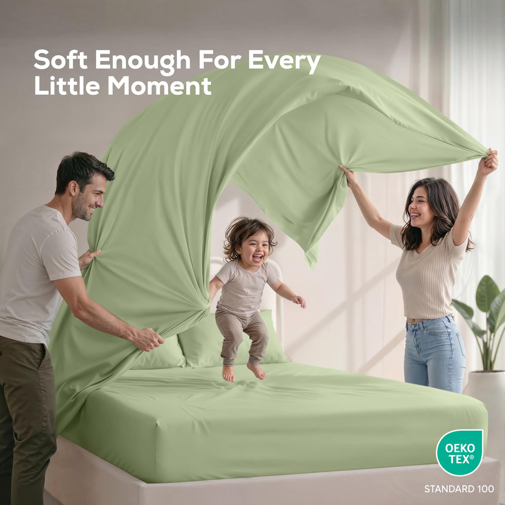 Queen Sheet Set, 4 Pieces 16" Deep Pocket Hotel Luxury Sheets, Heather Sage