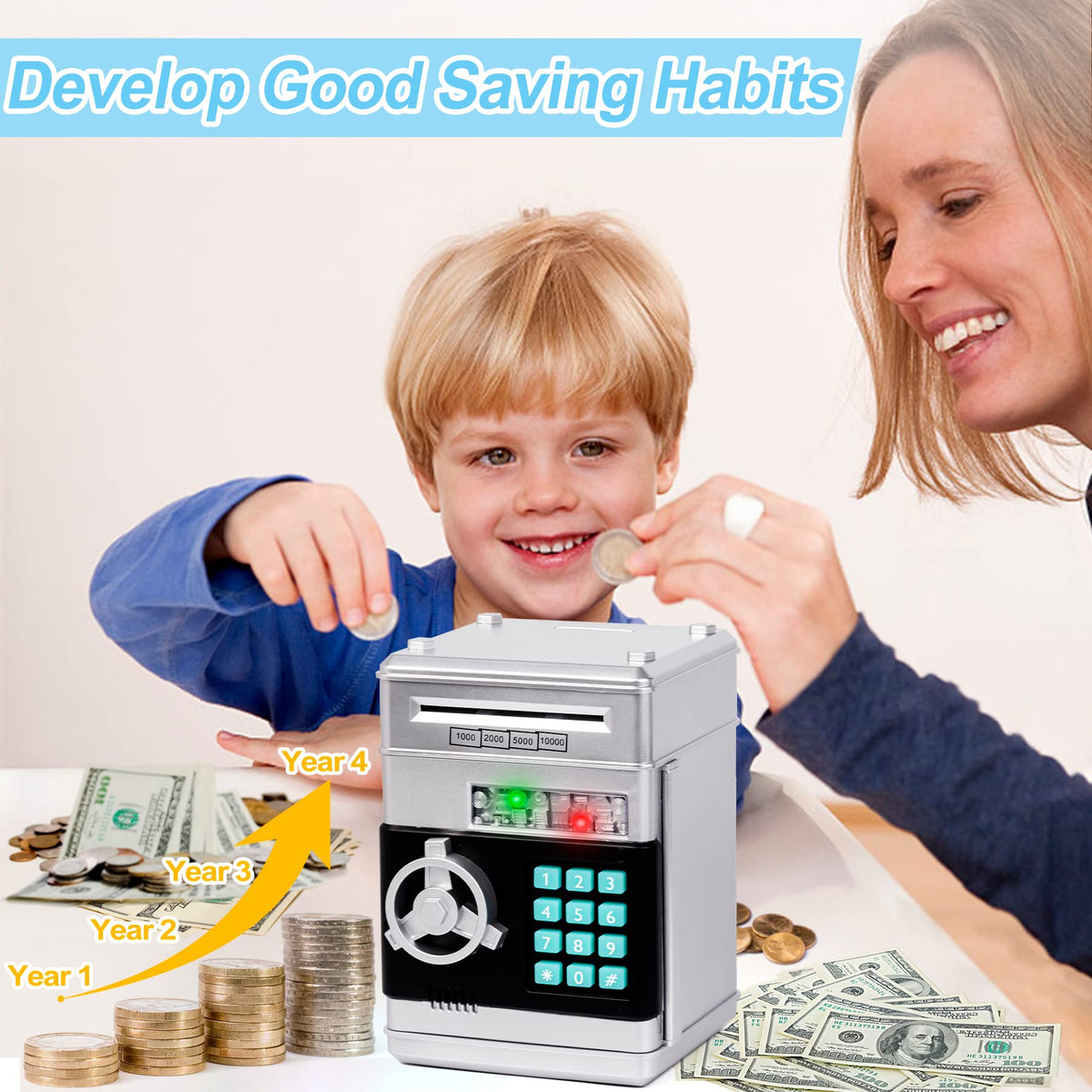 Refasy Piggy Bank Cash Coin Can ATM Bank Electronic Coin Money Bank for Kids Age 3-12, Money Savings Box Mini ATM Coin Bank Toys Gifts for 3 4 5 6 7 8 9 10 11 12 Year Old Boys Girls