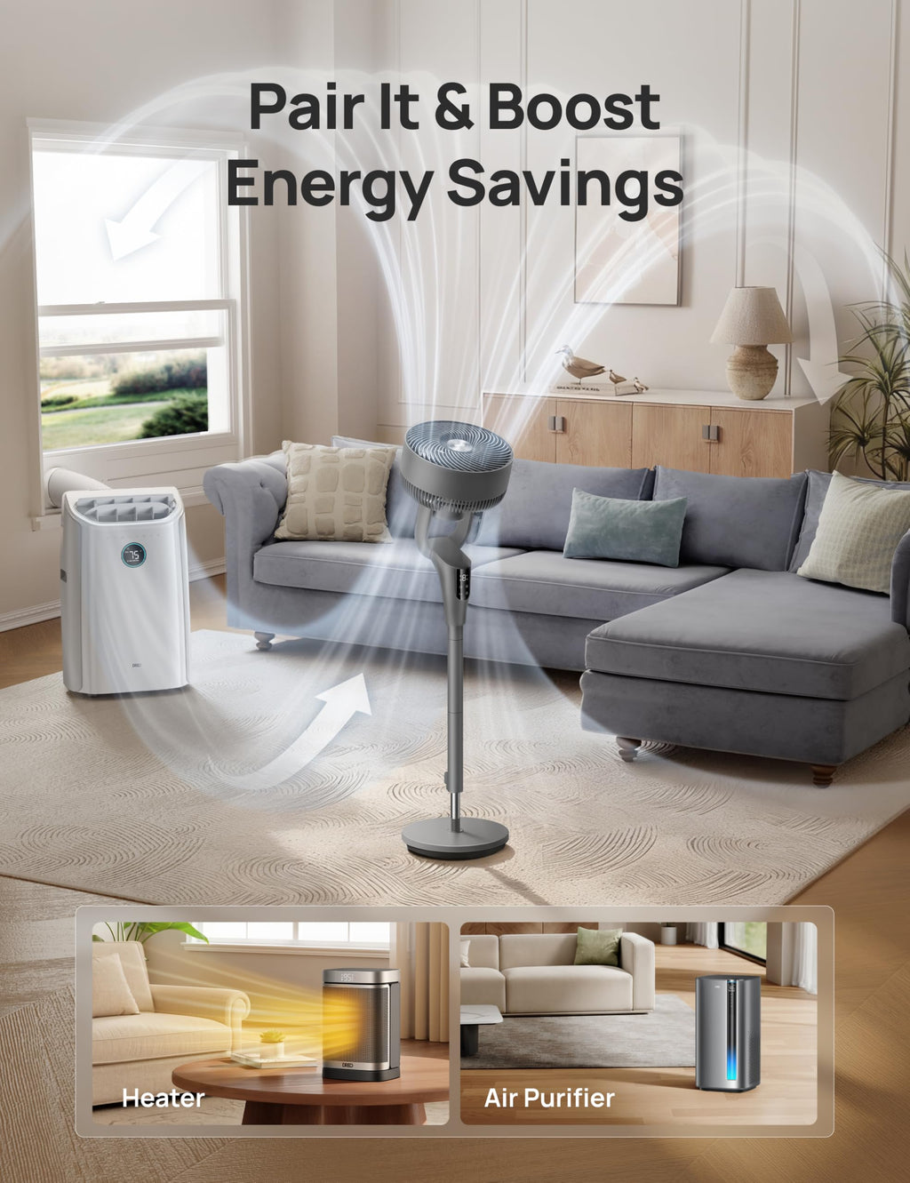 DREO Pedestal Fan for Bedroom, 100ft Airflow, Quiet DC Motor Standing Fan