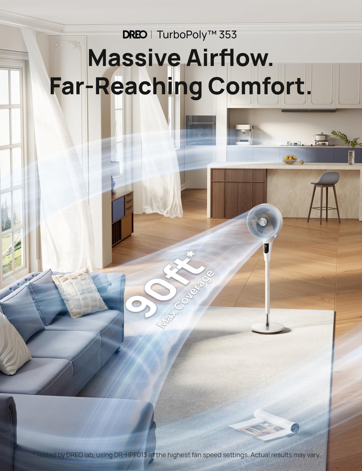DREO Pedestal Fan for Bedroom, 100ft Airflow, Quiet DC Motor Standing Fan