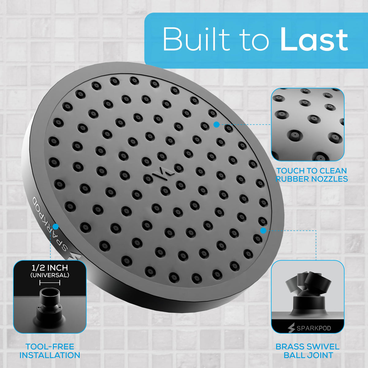 SparkPod Rain Shower Head, 6 Inch Round, Luxury Polished Chrome Finish