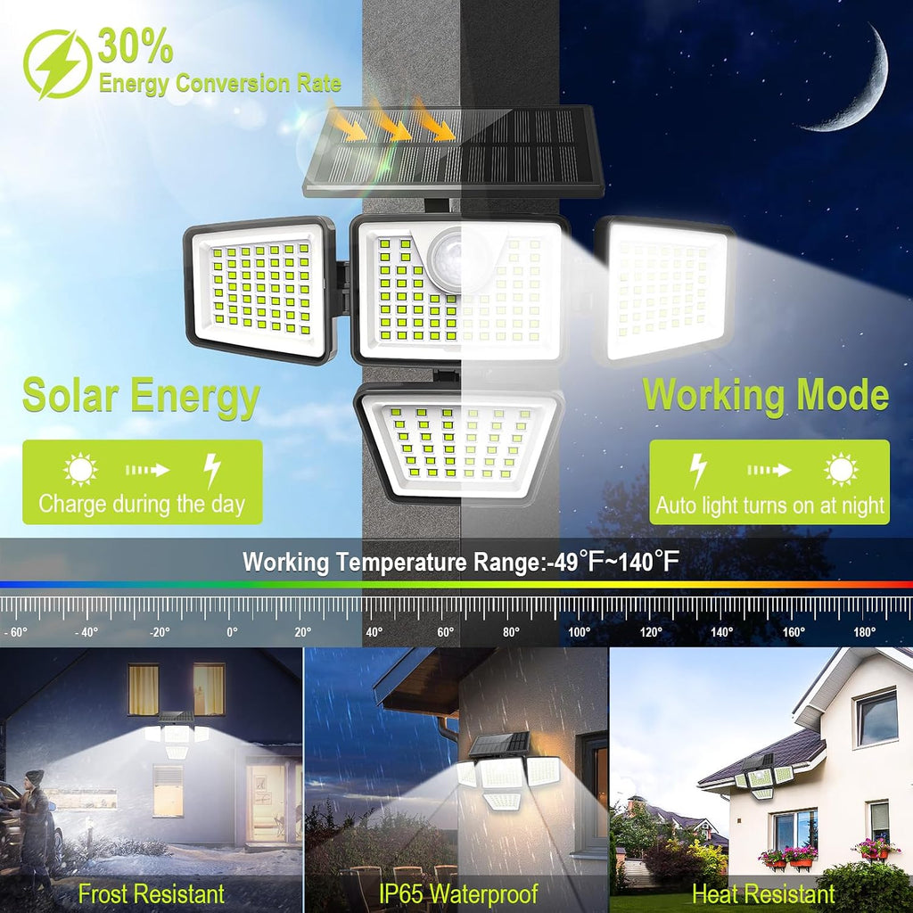 daphino 3000LM Solar Lights, Motion Sensor Outdoor Lights, 4-Head, 2 Pack