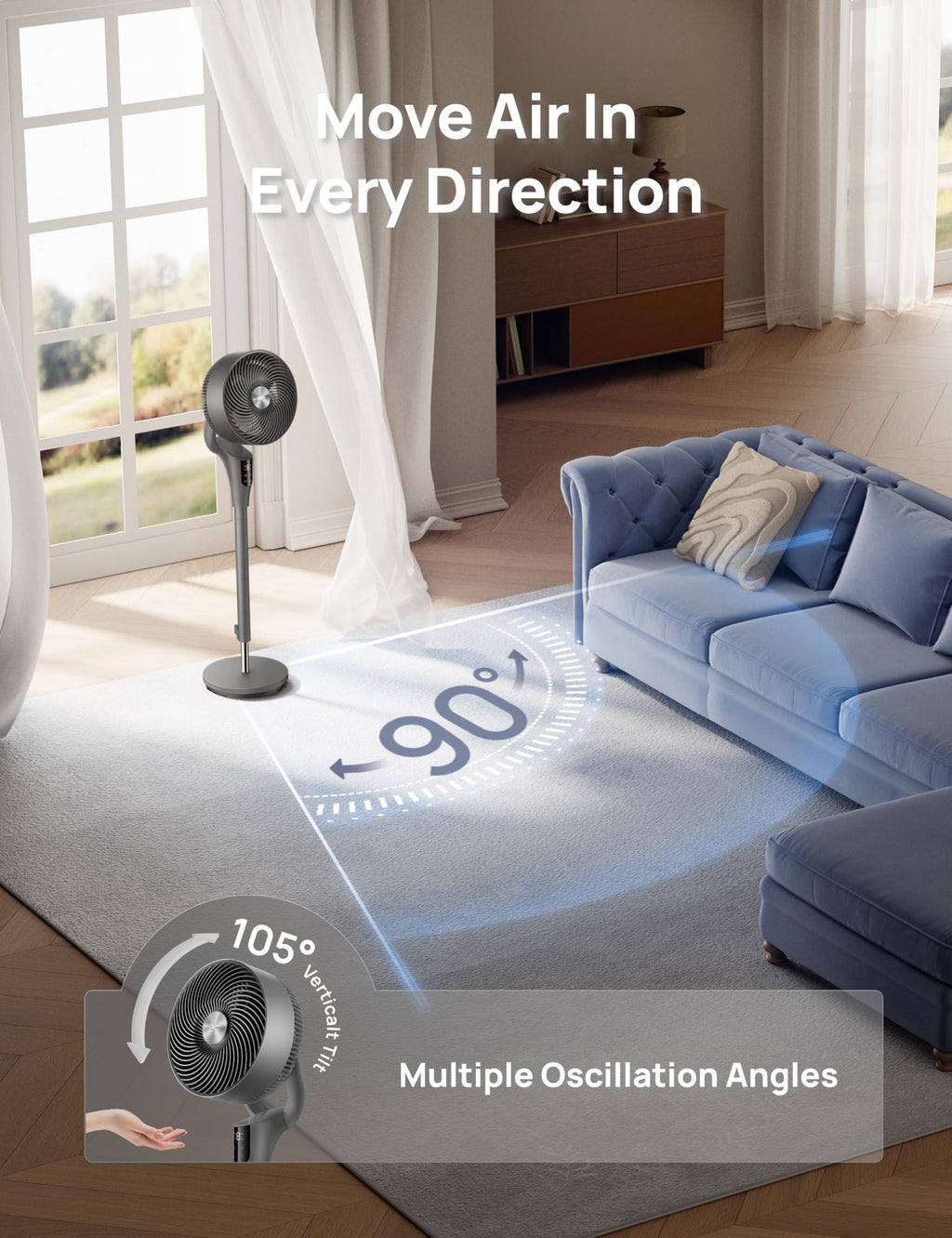 DREO Pedestal Fan for Bedroom, 100ft Airflow, Quiet DC Motor Standing Fan