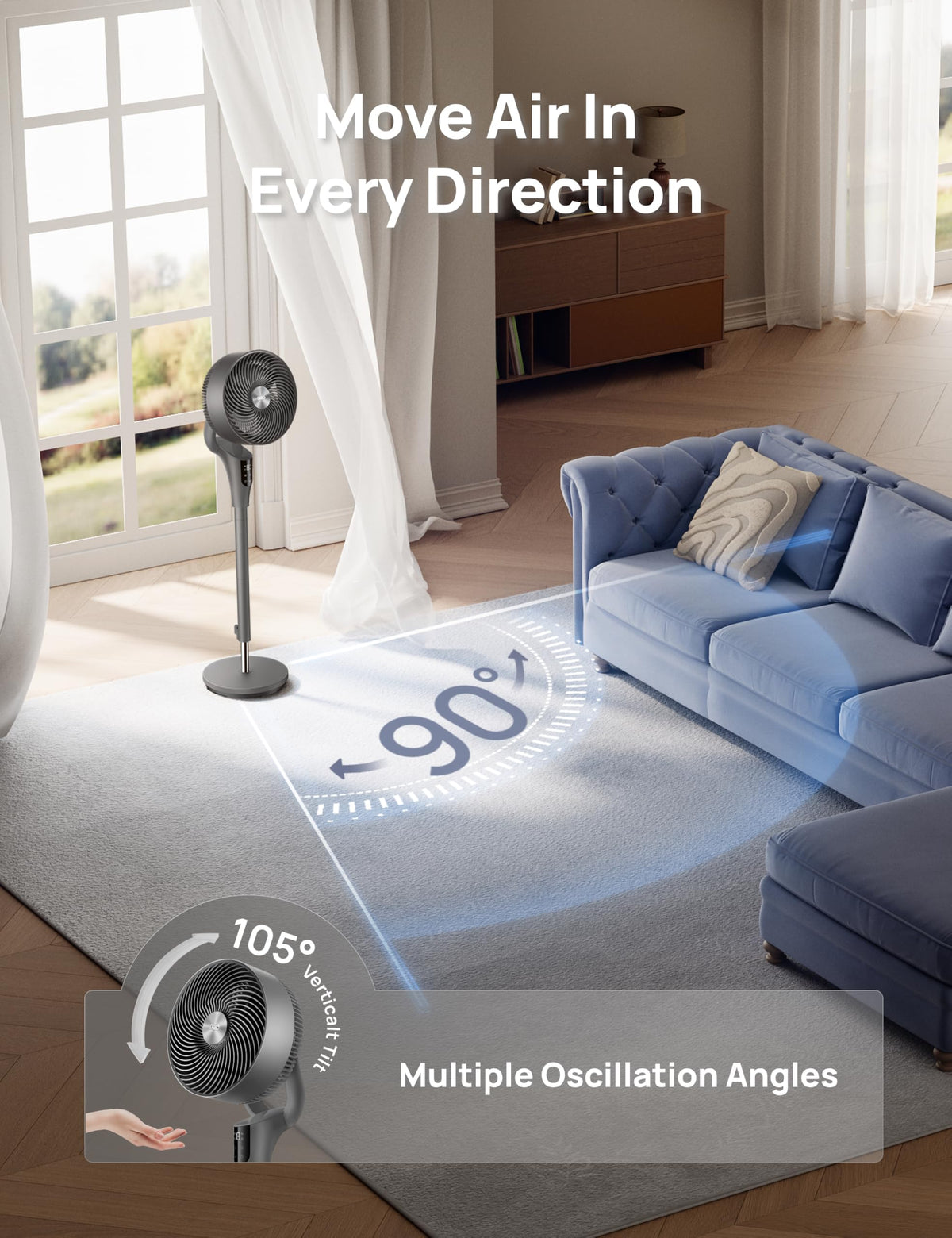 DREO Pedestal Fan for Bedroom, 100ft Airflow, Quiet DC Motor Standing Fan