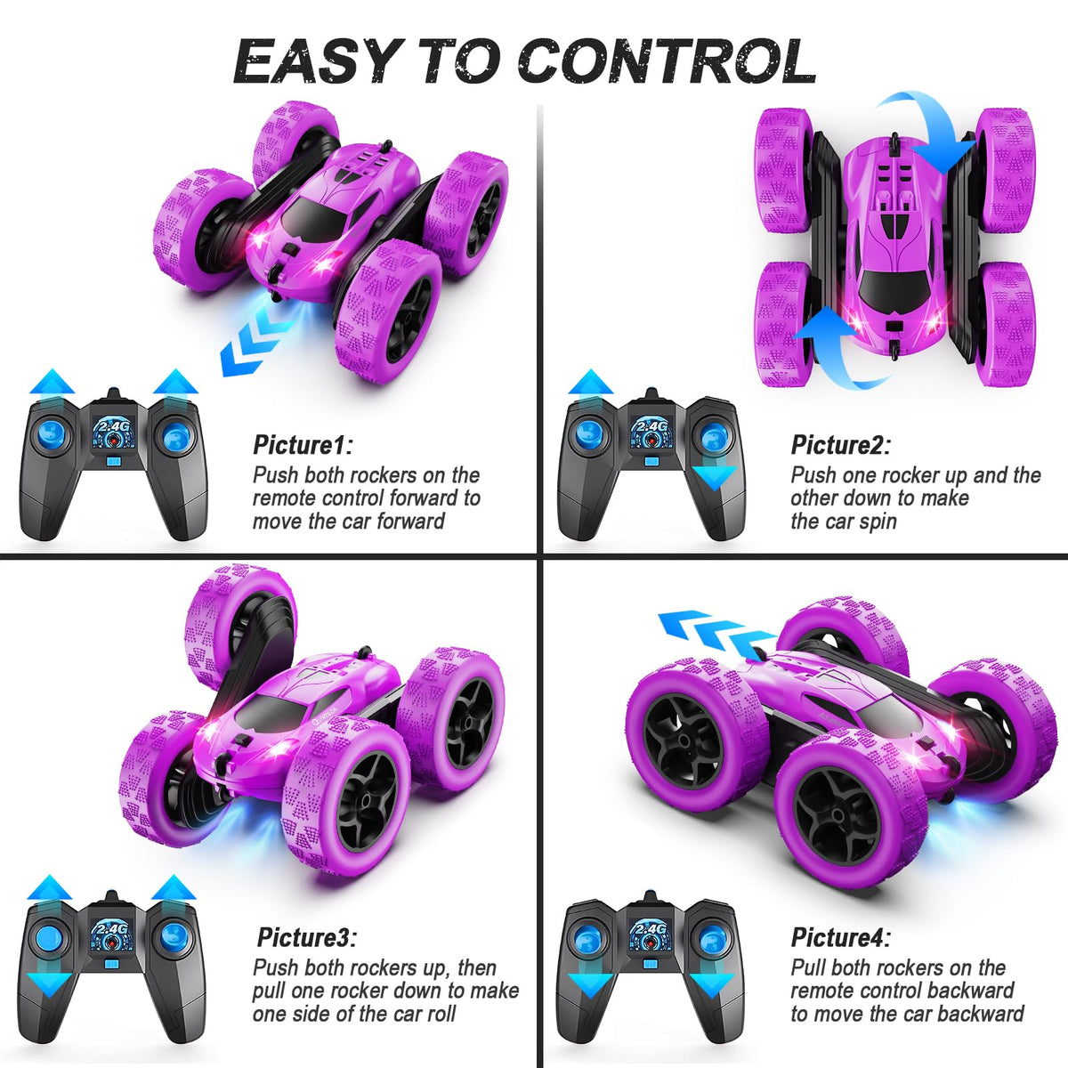QUNREDA Remote Control Car, RC Cars Toys for Kids Ages 6-12, 4WD Stunt Car with LED Lights & 360° Flips, 2.4GHz, Upgraded USB-C Modular Batteries, 8-10 Year Old Boys Birthday Gift 1-Blue