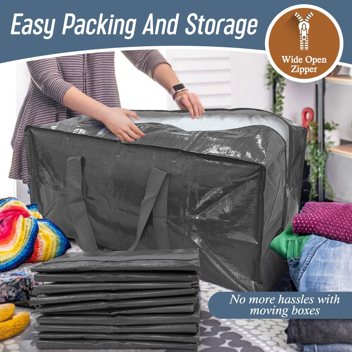 6 Pack Extra Heavy Duty Large Moving Bags with Strong Zipper, Dark Blue