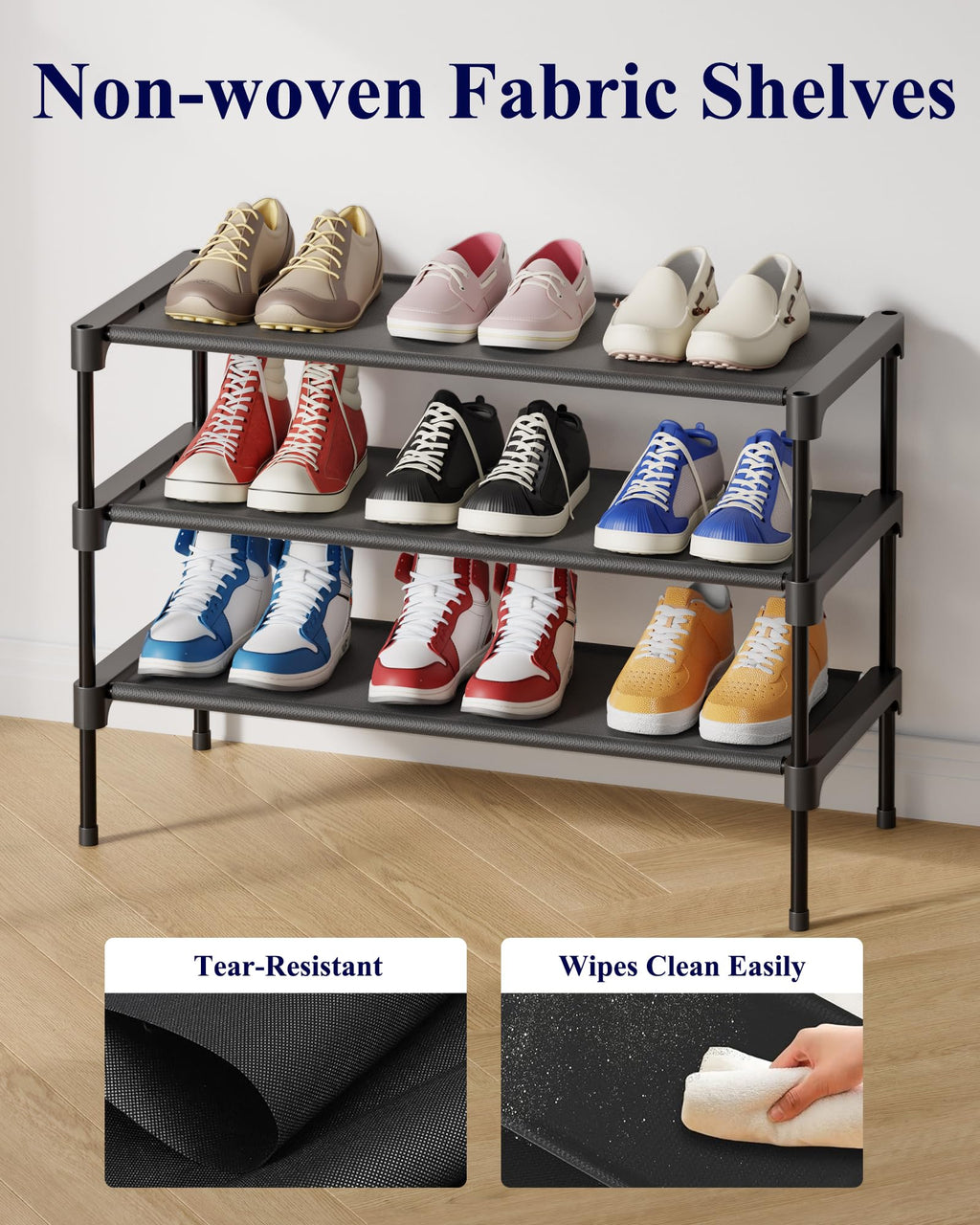 Kitsure Shoe Rack - Non-Woven Shoe Rack Shelf, Shoe Organizer for Closet, Entryway, Garage & Corridor, Stackable Shoe Shelves, 27.5" Wide - 2 Tier, Black