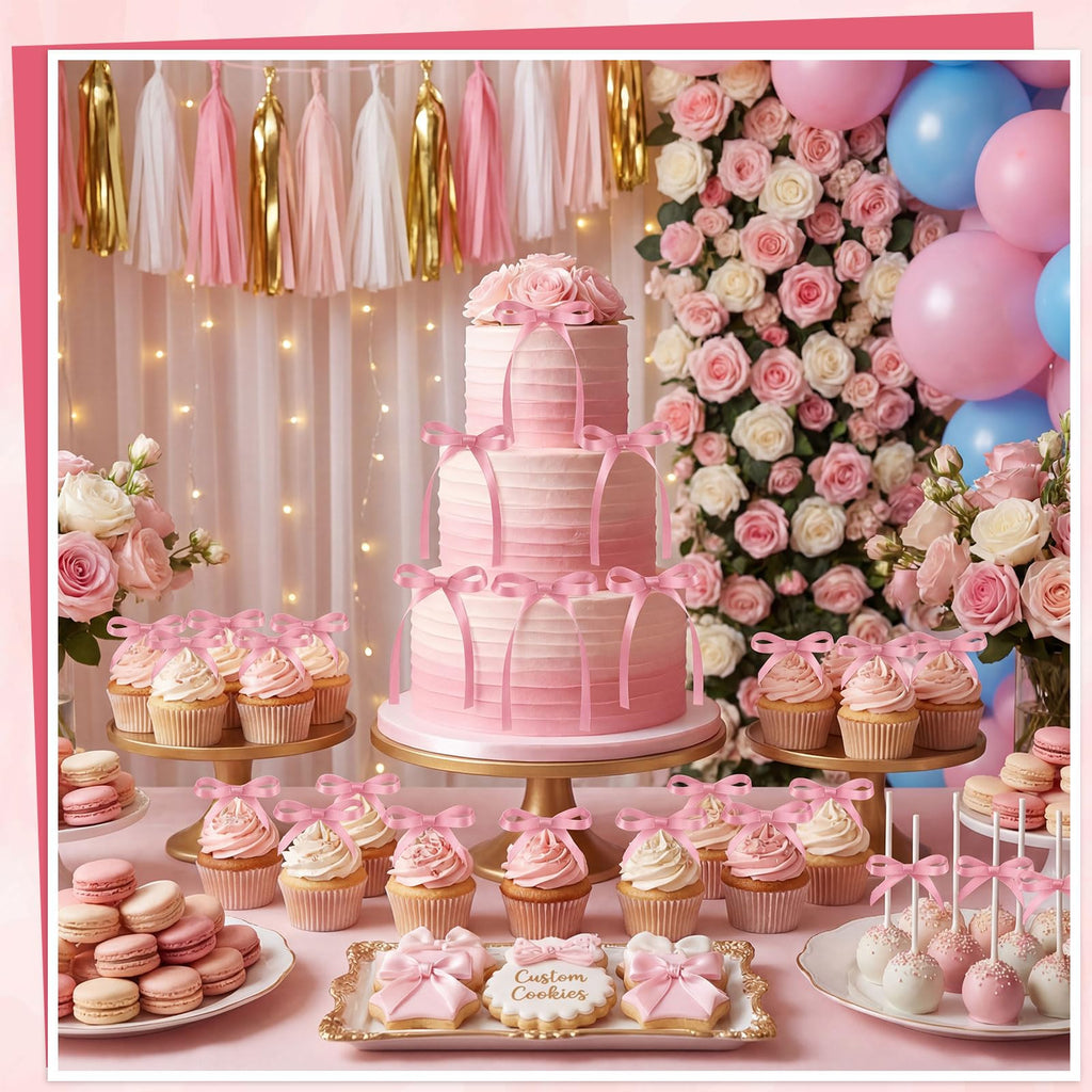 30 Pack Bow Cake Toppers Pink Ribbon Bows for Cake Back to School Decor