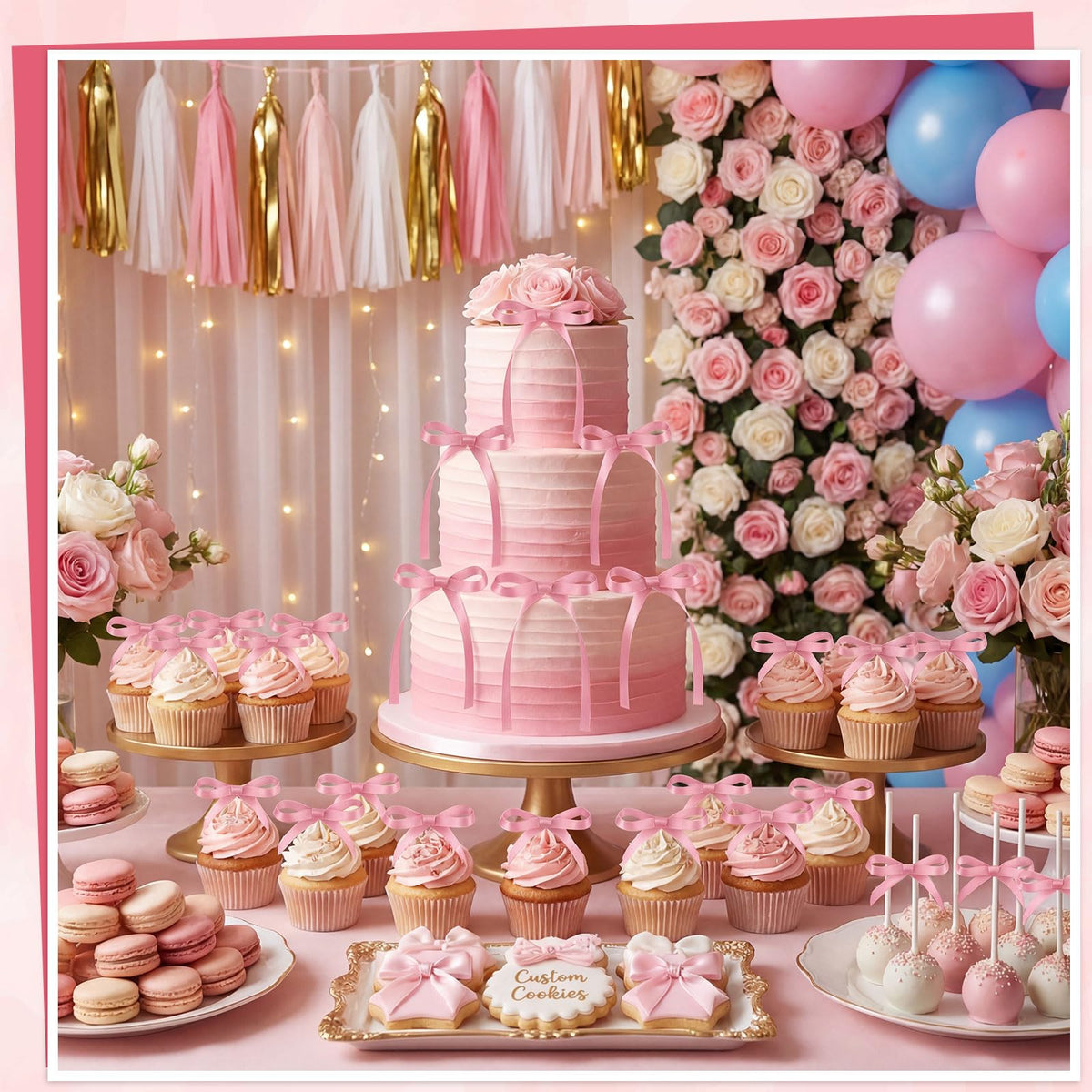 30 Pack Bow Cake Toppers Pink Ribbon Bows for Cake Back to School Decor