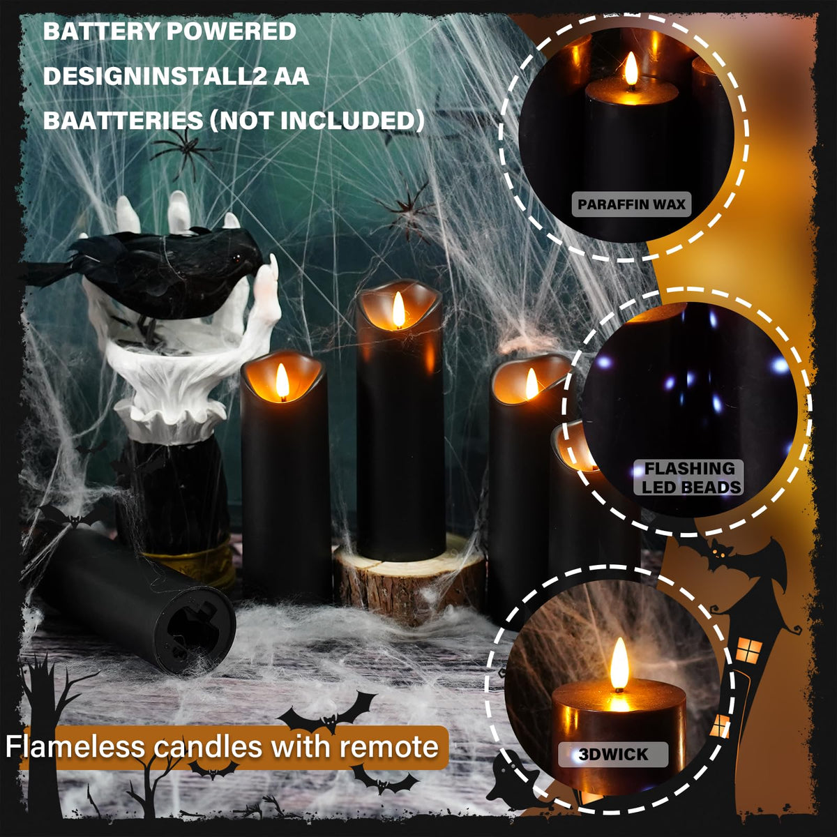 Nimiko Flameless Candles with Remote, Battery Operated Flickering Flameless Candles, LED Candles with Timer 2/4/6/8H, Realistic Drop Wax flameless Candle Set of 9 (D3 x H 3" 4" 5" 6" 7") (Black)