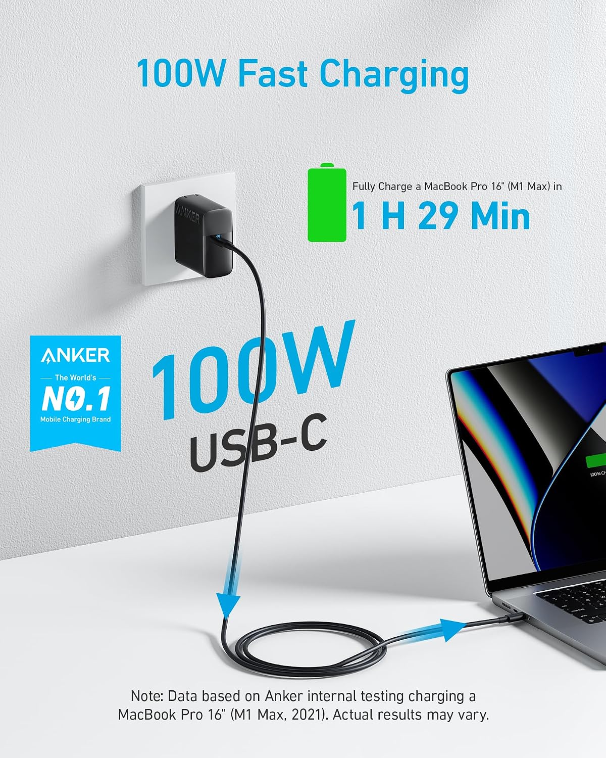 Anker Laptop Charger, Compact Foldable 100W USB C Charger with 5FT Cable