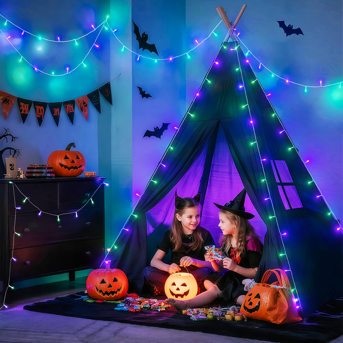 JMEXSUSS 100 LED Orange & Purple Halloween Lights Plug in
