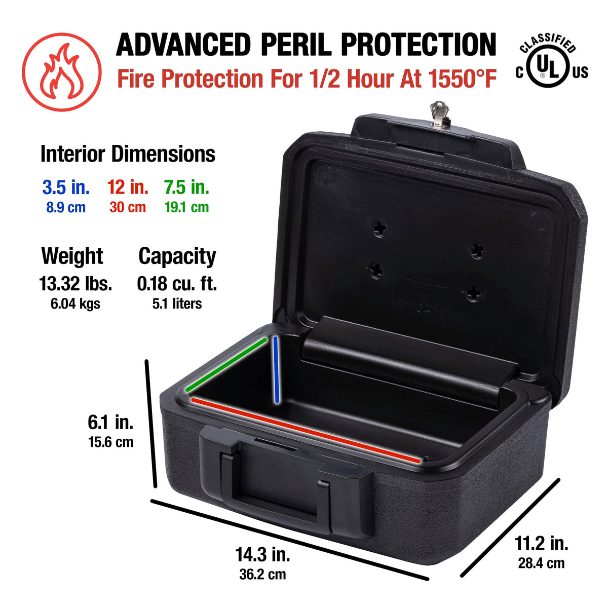 SentrySafe Fireproof Safe Box with Key Lock, Chest Safe with Carrying Handle to Secure Money, Jewelry, Documents, 0.25 Cubic Feet, 6.3 x 15.3 x 12.1 Inches, 1160
