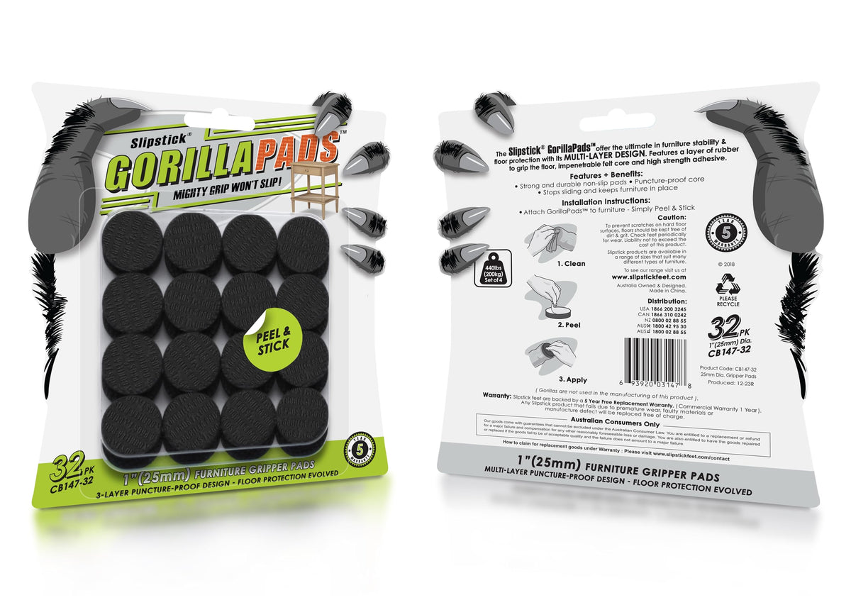 Slipstick GorillaPads CB147 Non Slip Furniture Pads/Gripper Feet (Set of 16) Self Adhesive Rubber Floor Protectors, 1 inch Round, Black