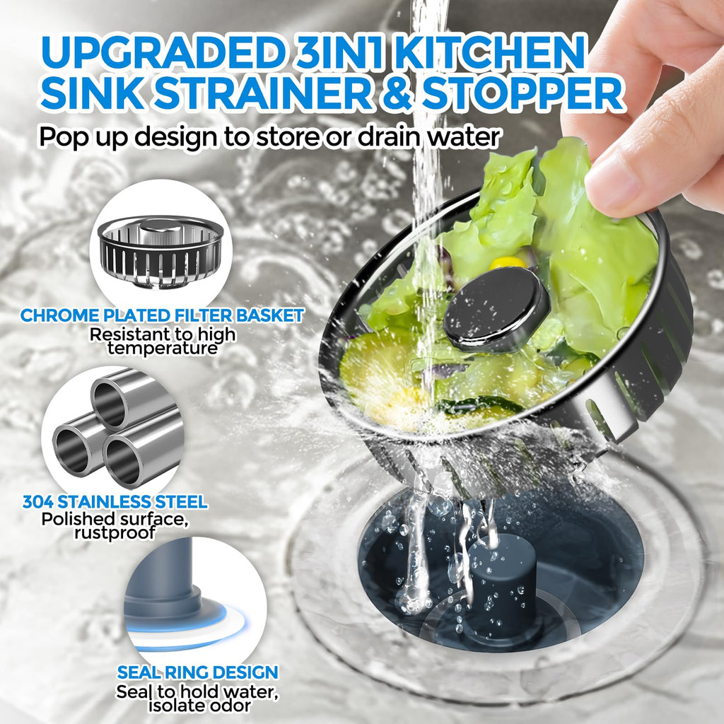 zaa 3 in 1 Kitchen Sink Drain Strainer Stopper Removable Basket Pop-Up