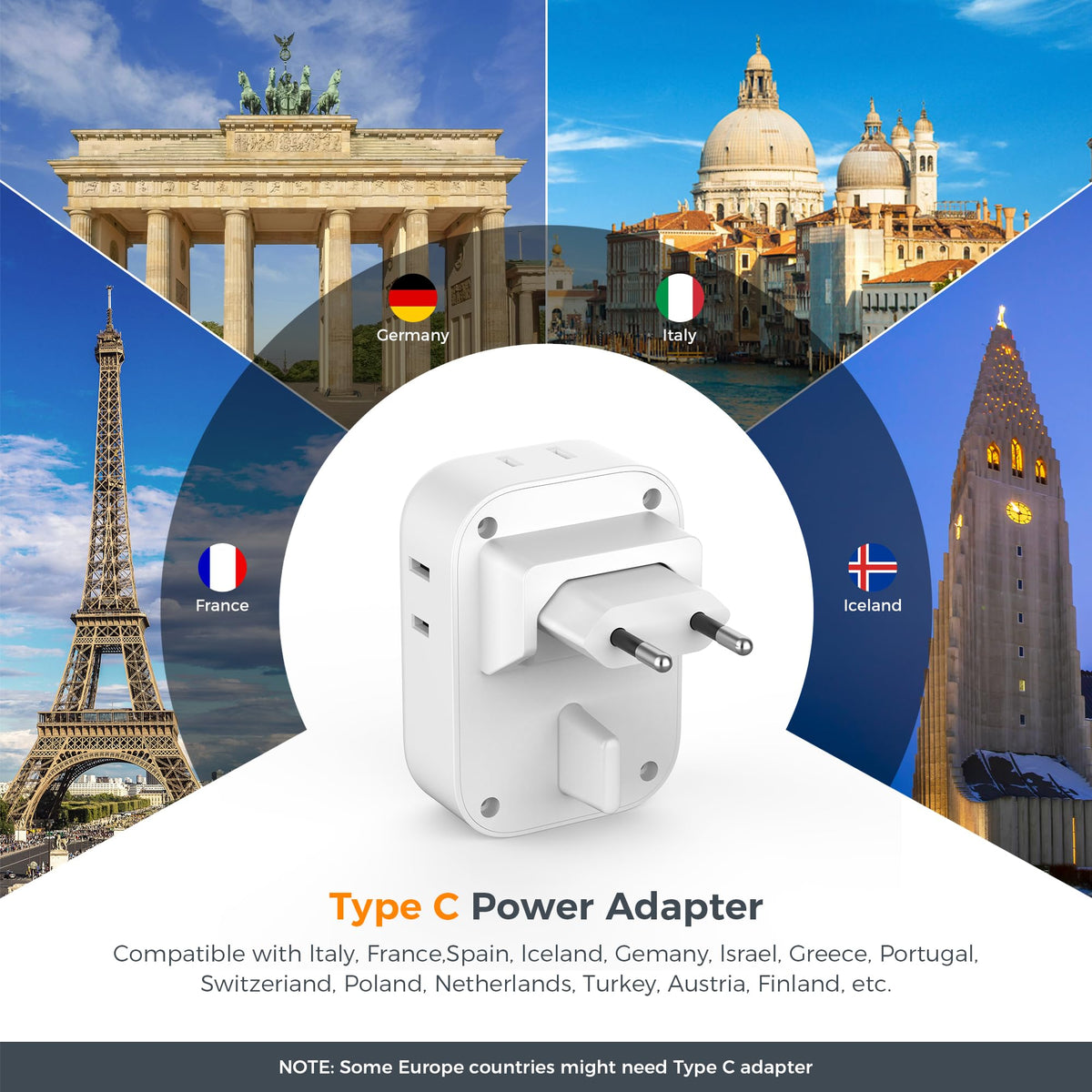 TESSAN European Travel Plug Adapter 2 Pack, Type C Plug